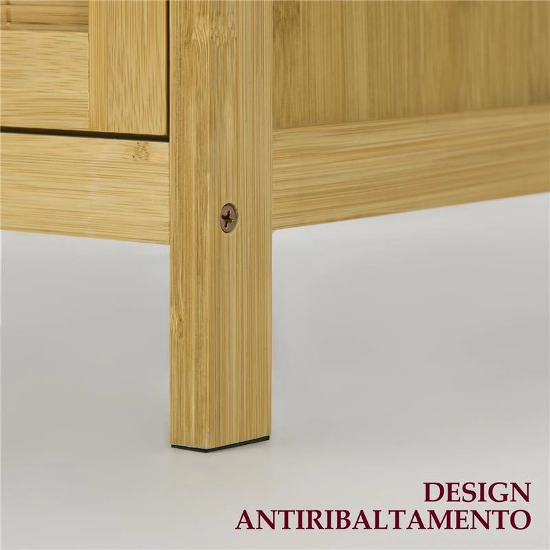 CREDENZA STILE BOHO IN RATTAN E BAMB¨ CON 2 ANTE E MENSOLA INTERNA, 60X27X67.5CM, COLORE LEGNO