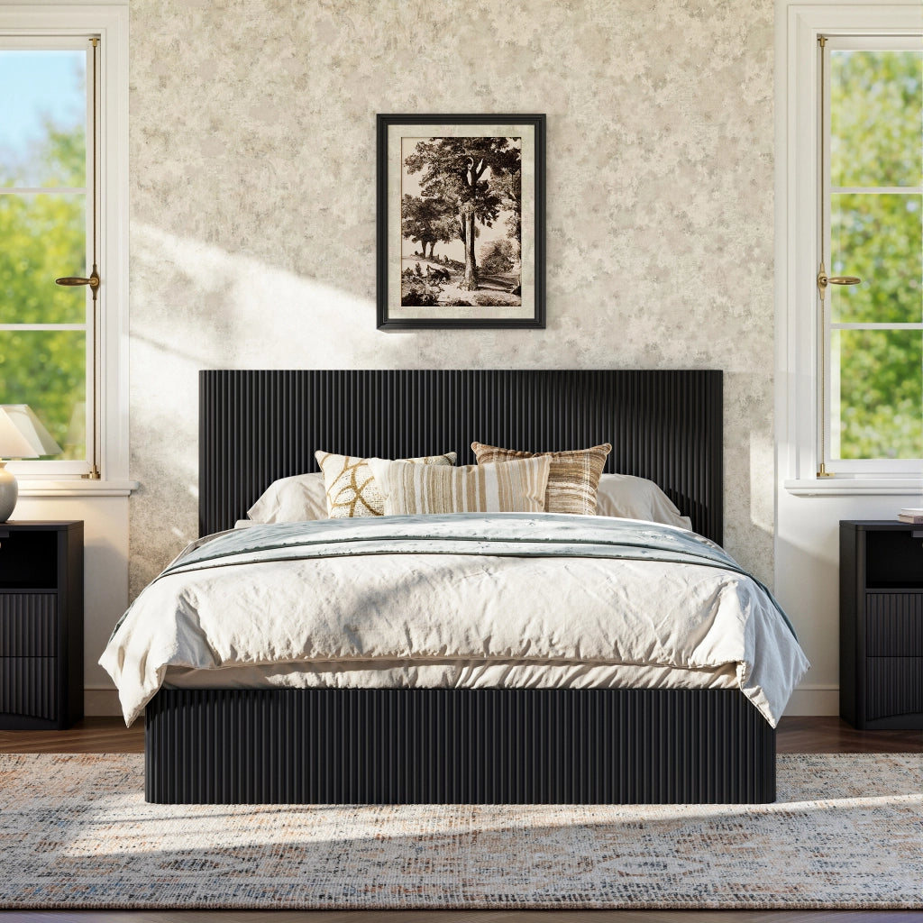 Letto contenitore 160 × 200 cm con sollevamento idraulico, grande vano, testiera a rilievo, senza materasso, nero