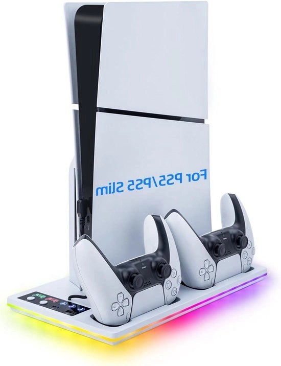 Stazione di Ricarica e Raffreddamento per PS5 Slim con Luce RGB e Base di Supporto per Trasferimento dei Dati - Bianco