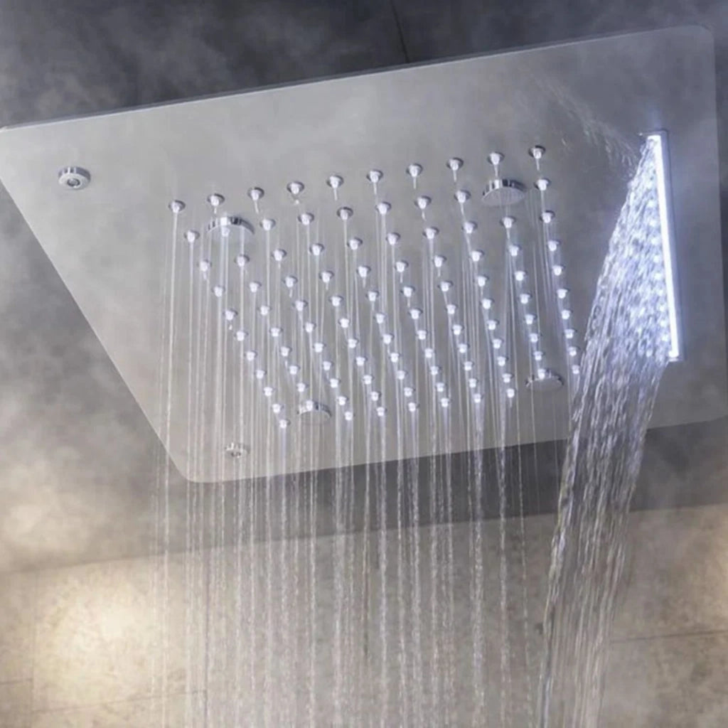 Soffione doccia led a soffitto installazione da incasso con cascata acciaio inox quadro