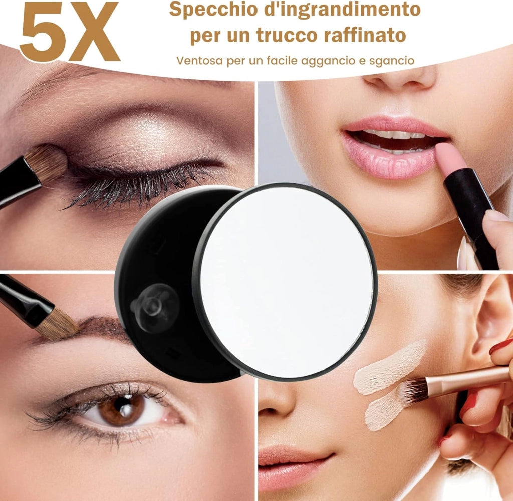 Specchio per Trucco, Specchio da Tavolo con luci LED a 3 Colori, Luminosità Regolabile e Controllo Intelligente a Sfioramento, Ruotabile a 360° con Ingrandimento 5X, 50x44 cm