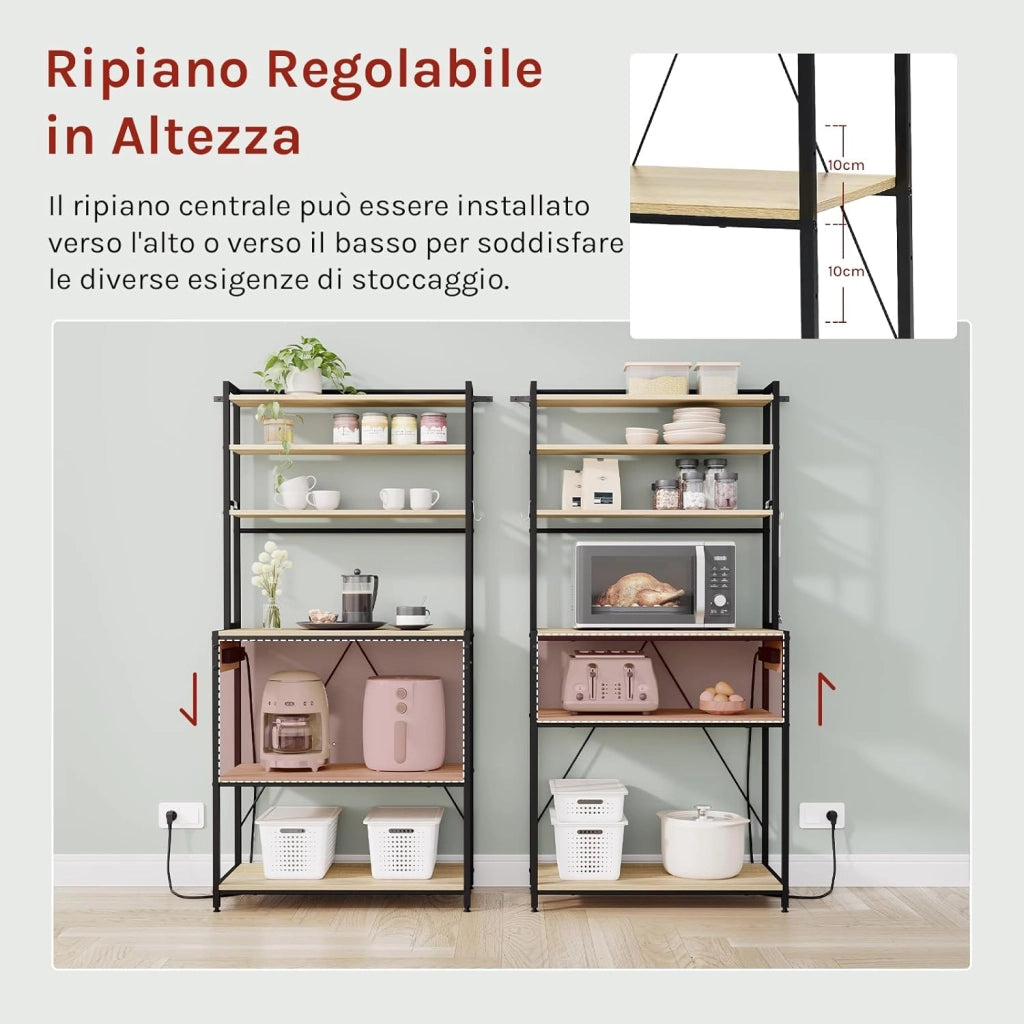 Scaffale da Cucina a 6 Livelli con Prese di Corrente, Scaffale per Microonde con Struttura in Metallo e Piano di Lavoro Aperto, Nero+Rovere Chiaro, 80x39,5x167cm