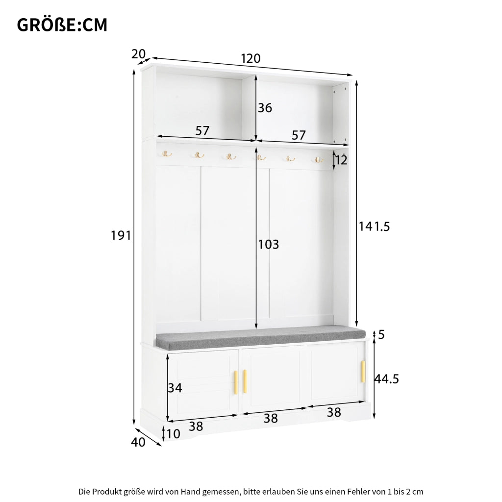 Appendiabiti con Panca Scarpiera e Ripiano; 6 Ganci; Dispositivo Antiribaltamento; Stile Moderno; in Pannello di Truciolare; Bianco; 120??40??191 cm