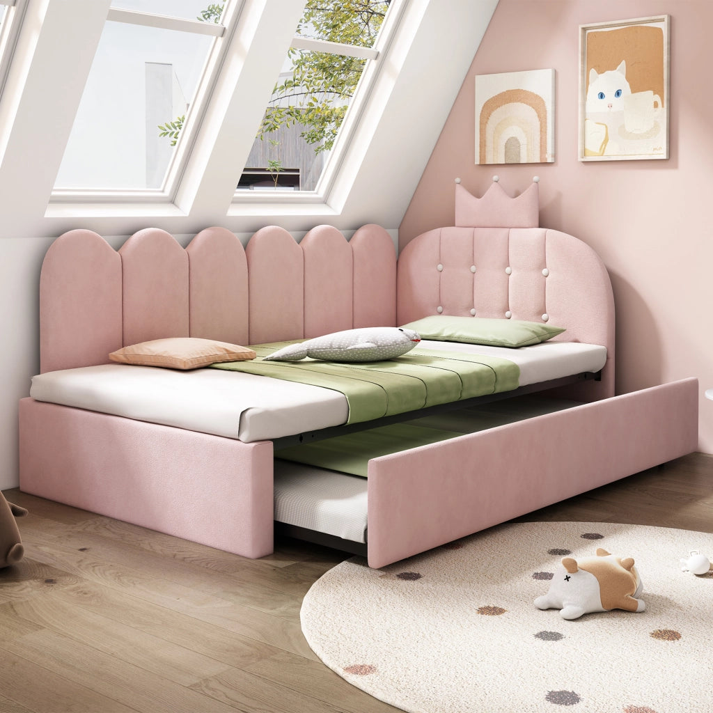 Letto daybed con letto estraibile 90x200 cm in velluto rosa, design corona, per cameretta e ospiti