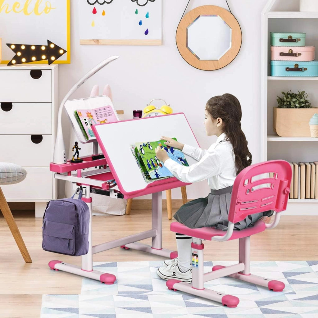 Set Scrivania e Sedia per Bambini 3-12 Anni, Altezza e Angolo Regolabile e Multifunzionale, Con Lampada di Protezione per gli Occhie Cornice per la Lettura (ROSA)
