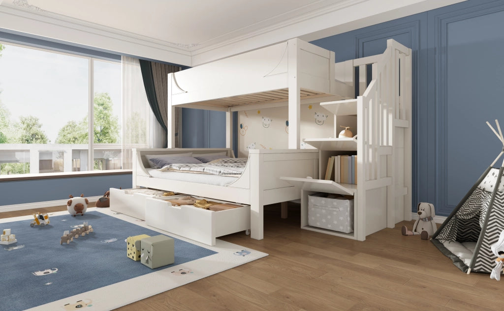 LETTO a castello con armadio scala e cassetti 90x200/140x200 cm bianco