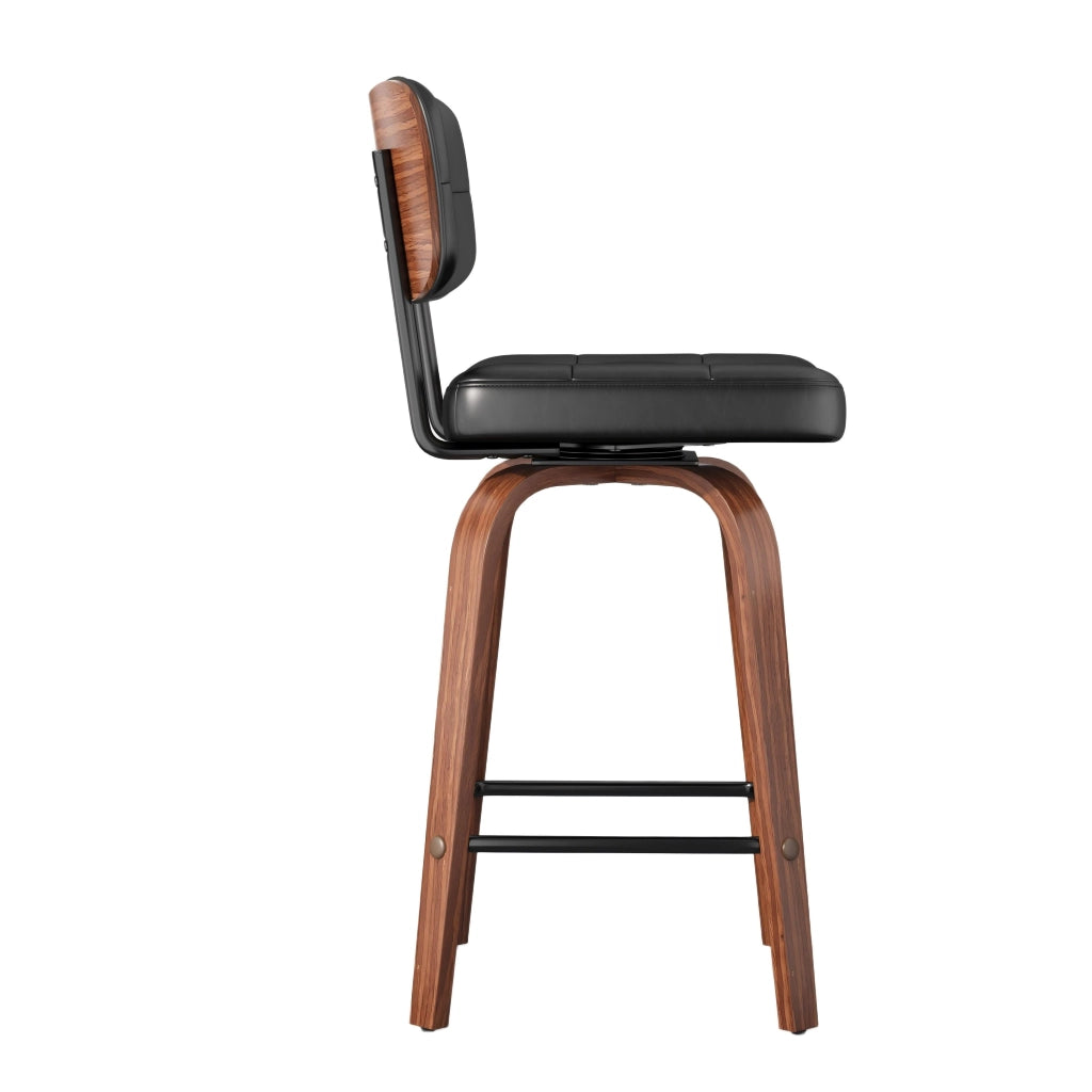 Sgabello da bar girevole con schienale ergonomico e design scandinavo, struttura stabile in pu e legno, nero e noce scuro
