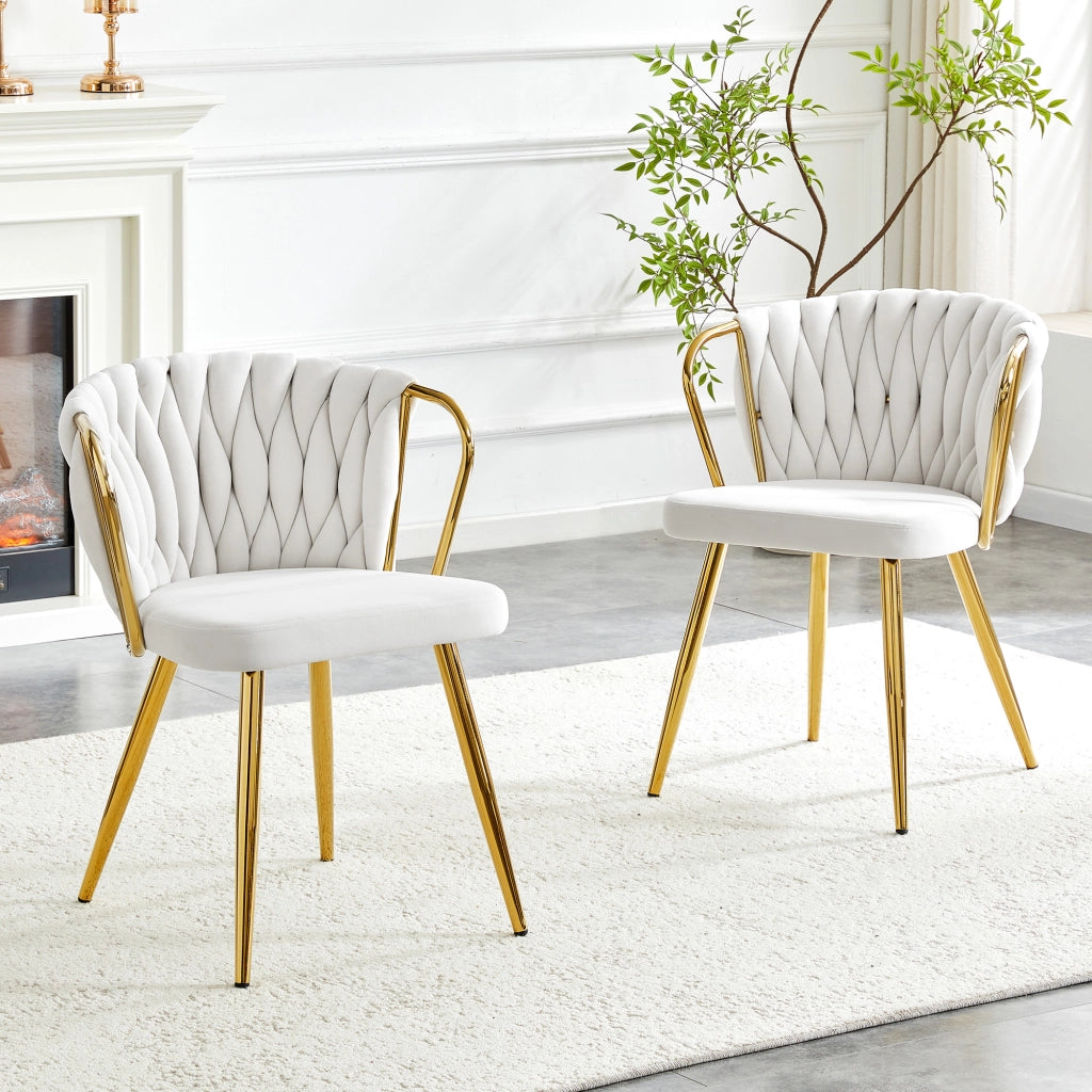 Sedia da pranzo, rivestimento in velluto, schienale intrecciato, struttura in metallo, ergonomica, color beige e dorato