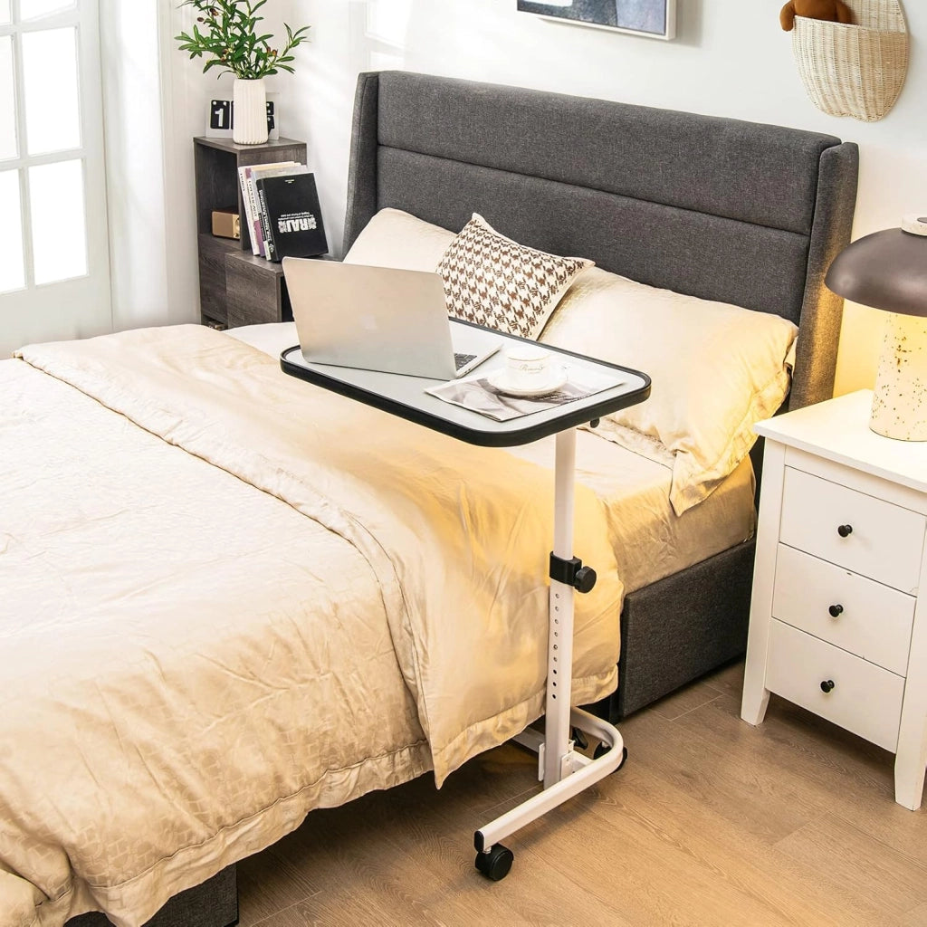 Tavolino da Letto e Divano con Ruote Bloccabili, Tavolino Porta PC con Altezza Regolabile in 9 Posizioni e Piano Inclinabile, Tavolino Servitore Letto per Mangiare e Lavorare (Bianco)