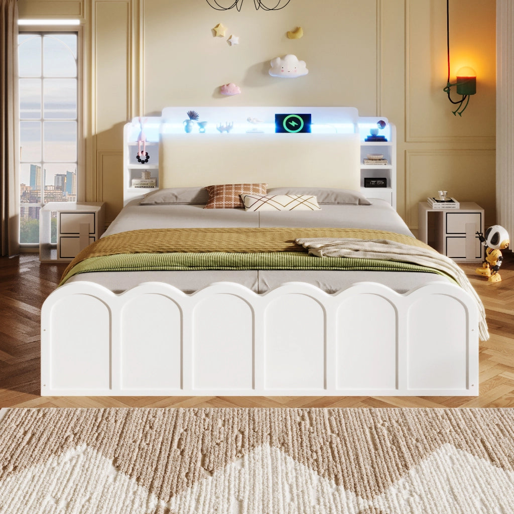 OKWISH Letto Contenitore 140×200 cm, Letto Matrimoniale con Box Idraulico, USB, Type C, LED Regolabile e Ripiani, senza Materasso, Bianco