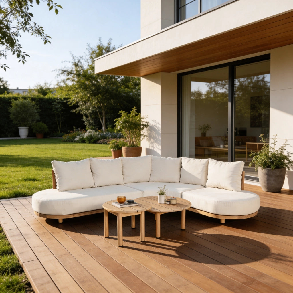 Set di mobili da giardino a 5 posti in acacia con cuscini beige LAGOA
