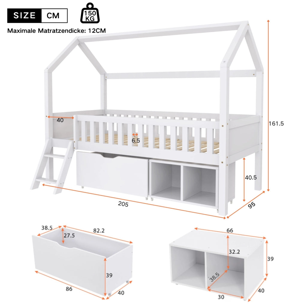 Letto a castello bianco con cassetti e scomparti 200x90 cm in legno massello di pino