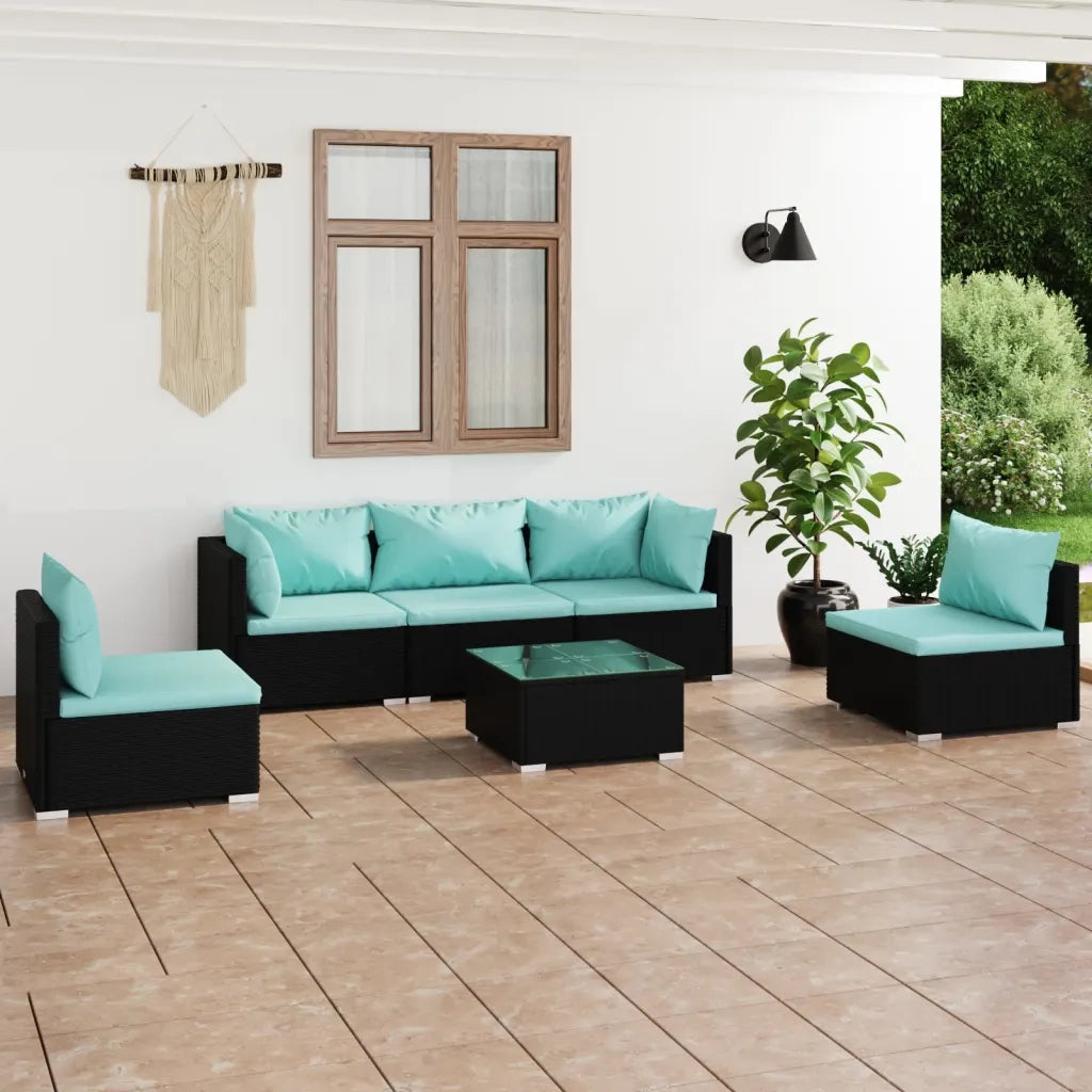 Set Divani da Giardino 6 pz con Cuscini in Polyrattan Nero cod mxl 34586