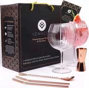 Set di bicchieri per Gin | 2 bicchieri di gin-tonic in vetro a mano, cucchiaio di legno rosé, doppio bicchiere, 2 paletti metallici con bicchieri cocktail Libro di ricette E-Book Stile Bicchieri Gin Tonic 2023