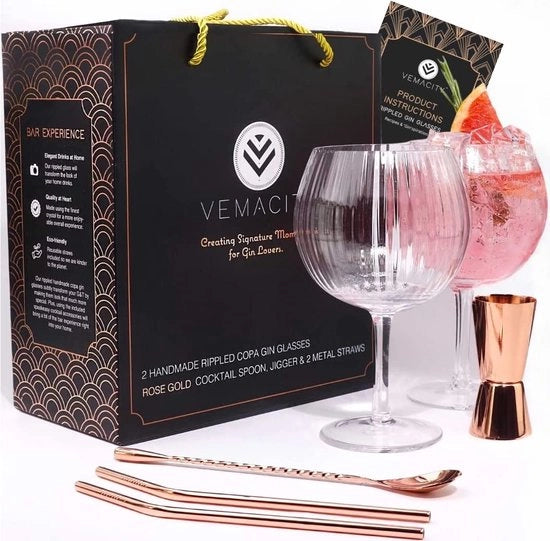 Set di bicchieri per Gin | 2 bicchieri di gin-tonic in vetro a mano, cucchiaio di legno rosé, doppio bicchiere, 2 paletti metallici con bicchieri cocktail Libro di ricette E-Book Stile Bicchieri Gin Tonic 2023