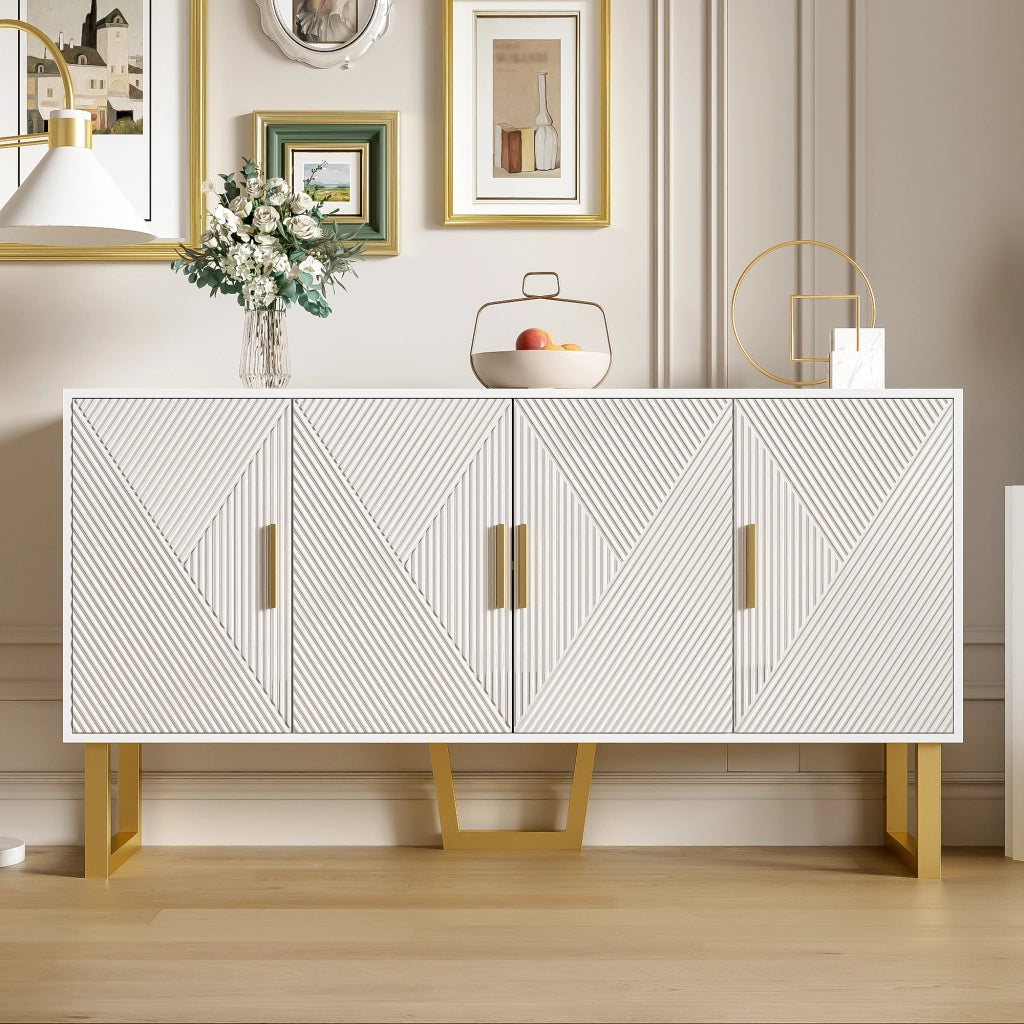 Credenza Bianca Moderna 150 cm Madia 4 Ante Lucida con Maniglie Dorate e Ripiani Regolabili