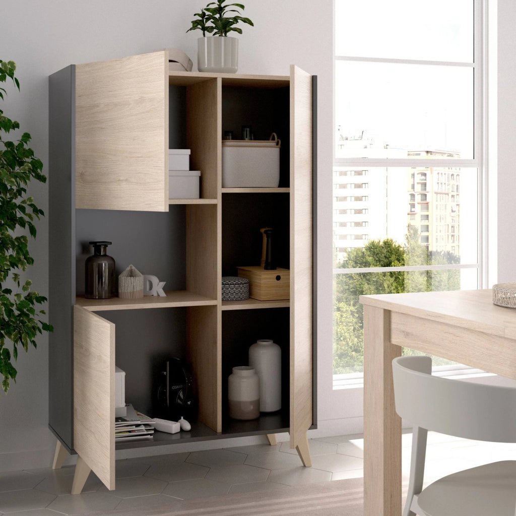Credenza Crono, Buffet alto da soggiorno, Madia moderna da salotto a 3 ante, 81x43h135 cm, Rovere e Antracite