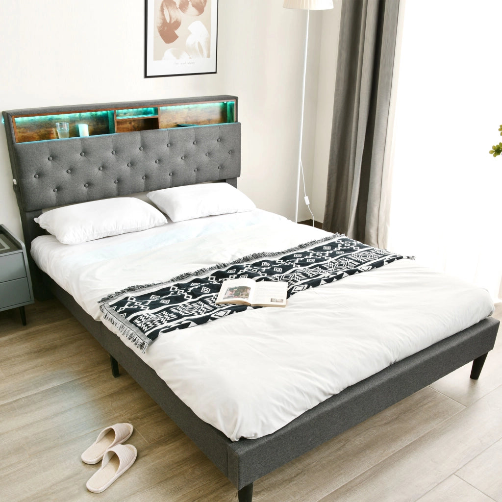 DESMIU Letto contenitore 140 × 200 cm 2 posti con LED, testiera con contenitore e materasso incluso, grigio