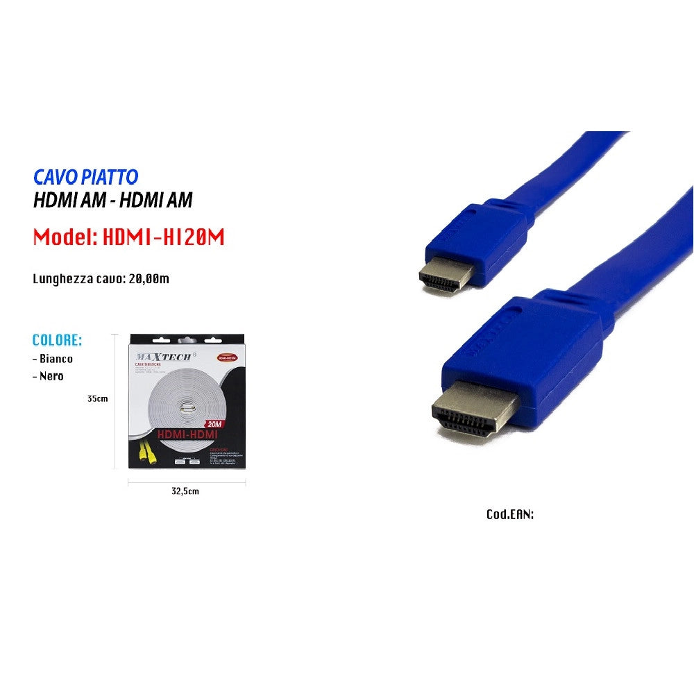 Trade Shop - Cavo Piatto Hdmi/hdmi Tipo A Maschio A Tipo A Maschio 20 Metri Maxtech Hdmi-hi20m -