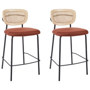Set di 2 sedie da bar Arancione Rivestimento in poliestere nero Schienale in rattan naturale a treccia viennese Gambe in metallo nero Sgabelli senza braccioli