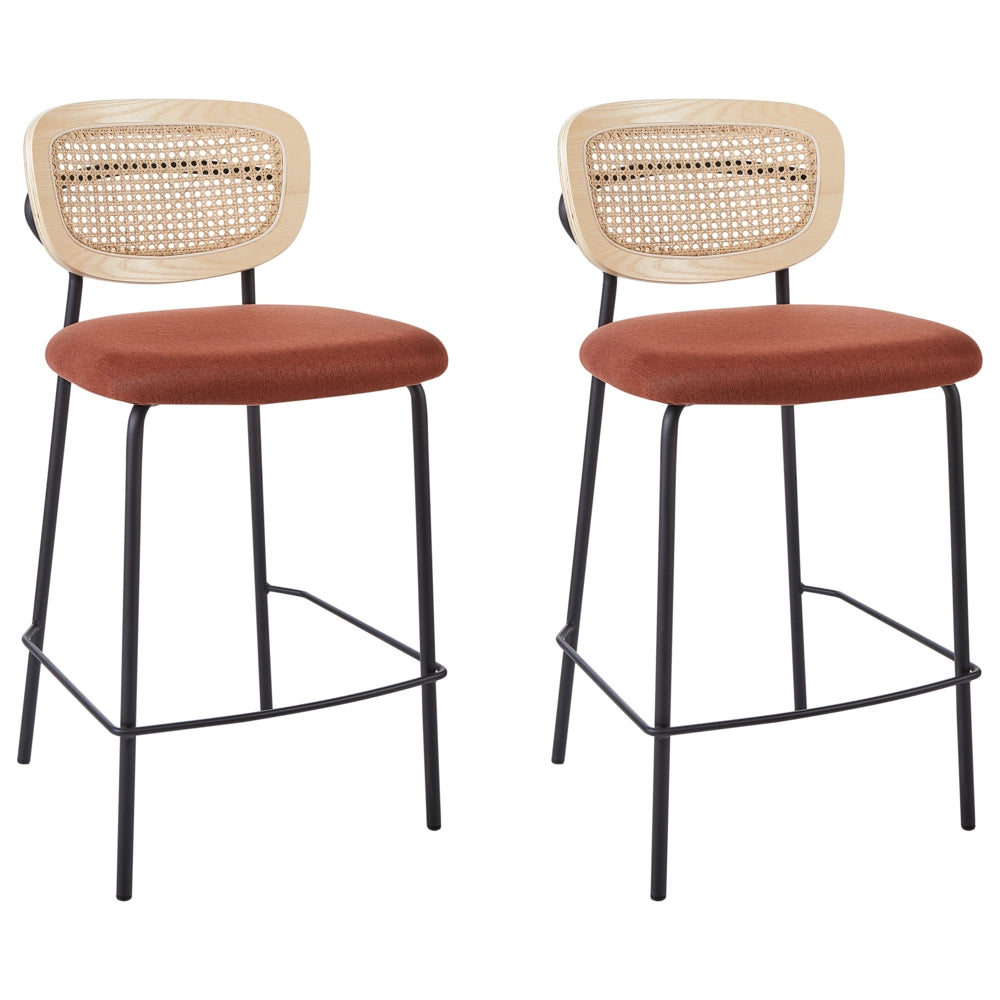Set di 2 sedie da bar Arancione Rivestimento in poliestere nero Schienale in rattan naturale a treccia viennese Gambe in metallo nero Sgabelli senza braccioli