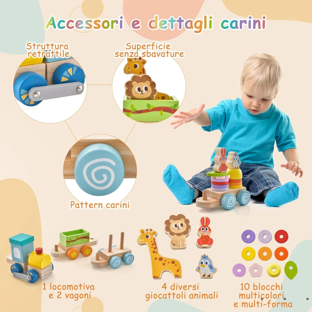 Set di Trenino Impilabile in Legno, Trenino Educativo in Legno Massello, Gioco Educativo in Legno per Bambini 3+ Anni