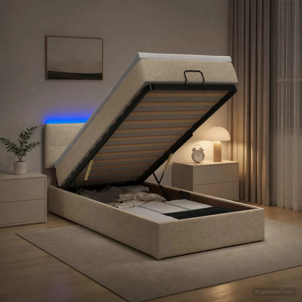 Letto Ottomano con Materasso e LED Crema 90 x 200 cm Tessuto 3456882