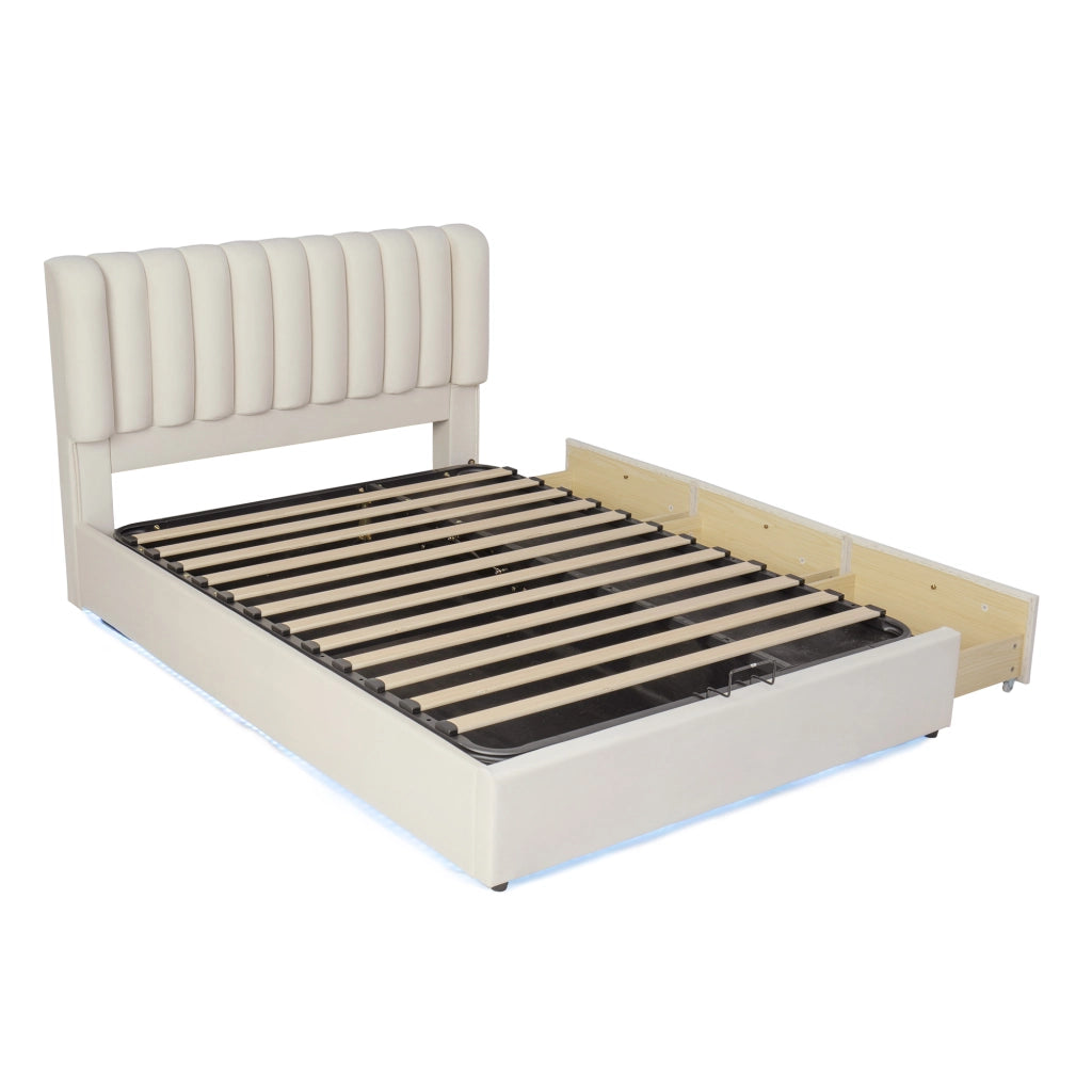 Letto con Cassetti 140x200 cm con Contenitore; 3 Cassetti e LED - in Velluto - Beige