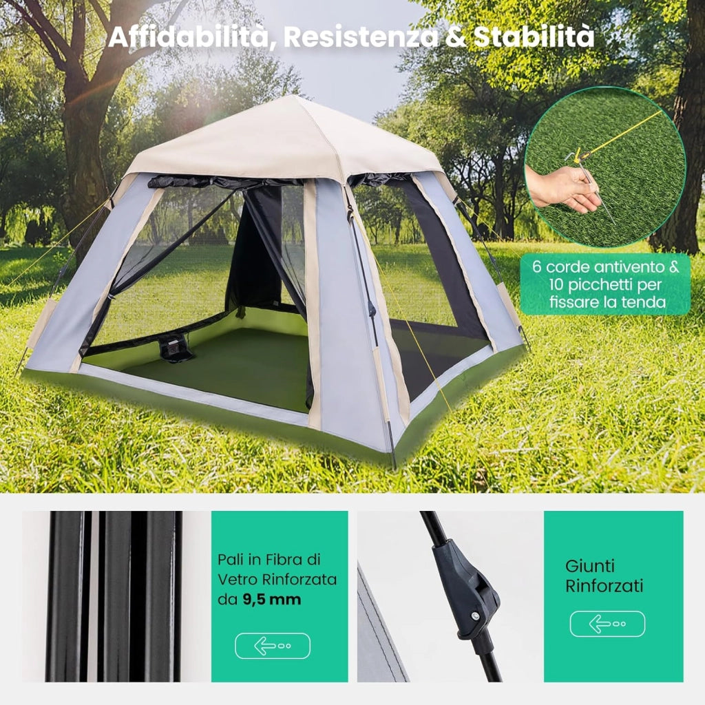 Tenda Campeggio Pop Up per 2-4 Persone, Tenda Istantanea Impermeabile con 2 Porte, Tetto Parasole Rimovibile e Finestre in Rete, Borsa da Trasporto, per Escursioni, Campeggio e Spiaggia