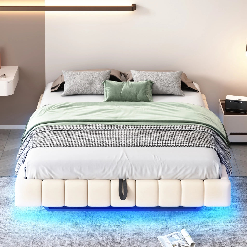 Letto imbottito sospeso con contenitore e luce a LED