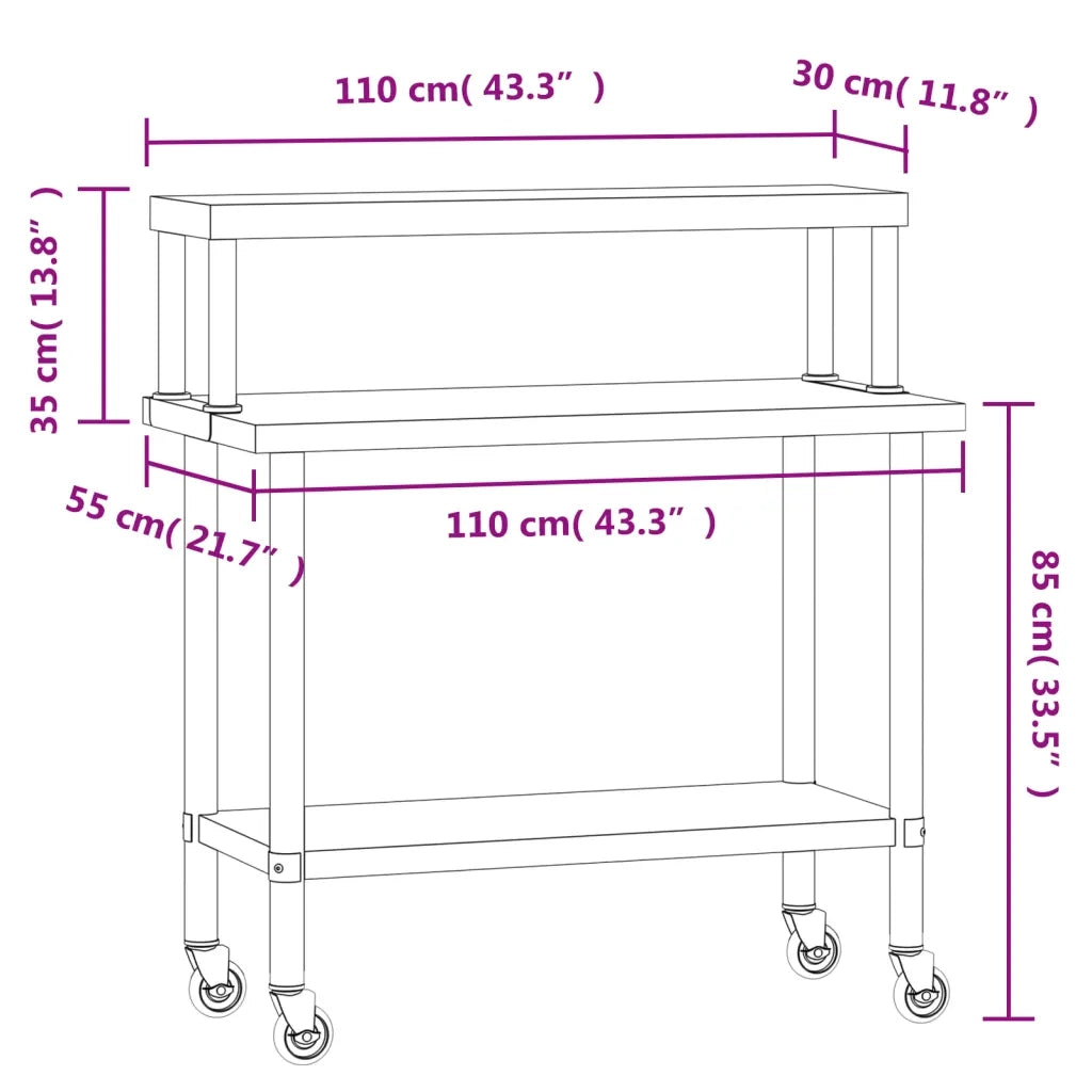 Tavolo Lavoro Cucina con Ripiano 110x55x120 cm Acciaio Inox CFW9493733