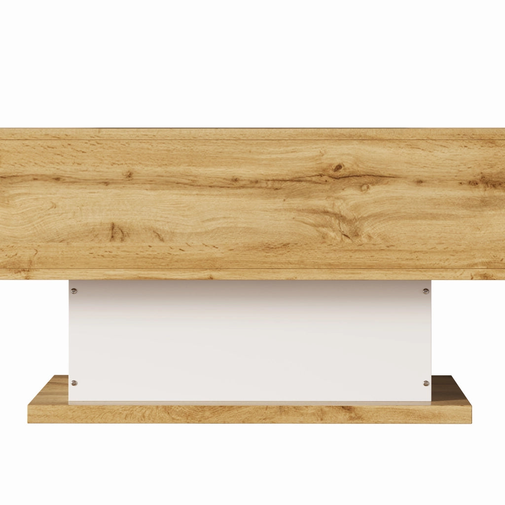 Tavolino da Caffè con 2 Cassetti e LED Regolabile; Piano in Vetro; Stile Moderno; in Pannello di Particelle; 110;2×60×39;7 cm; Naturale