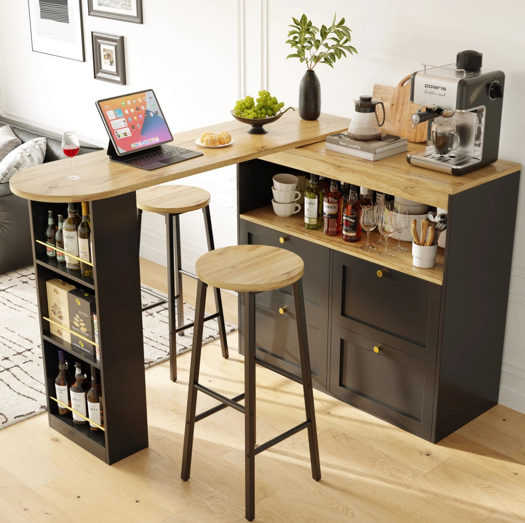 Set tavolo bar con contenitore e 2 sgabelli neri