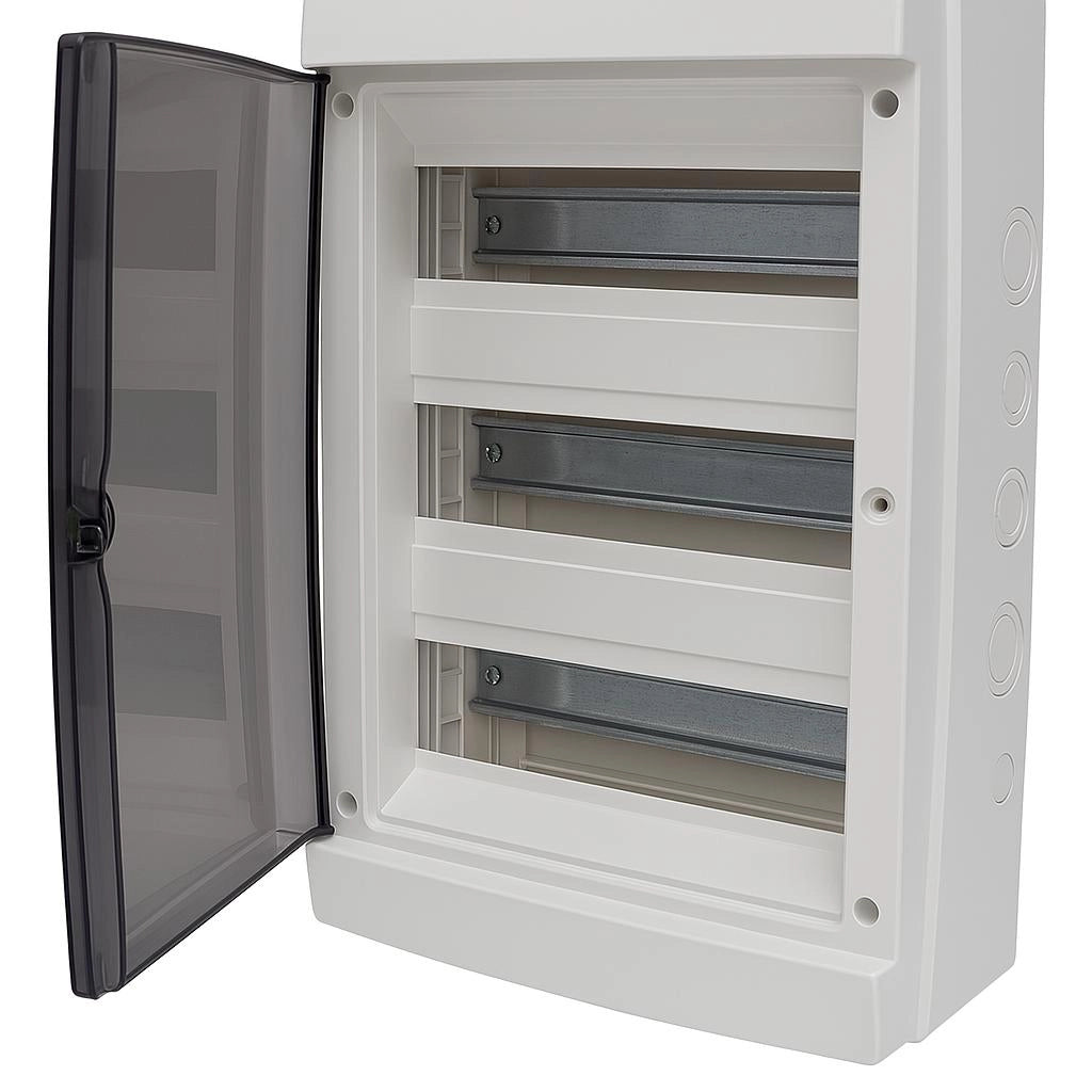 Centralino da parete 36 moduli con portello fumé, grigio RAL 7035, 400x400x140 mm, IP65, ideale per installazioni elettriche interne ed esterne