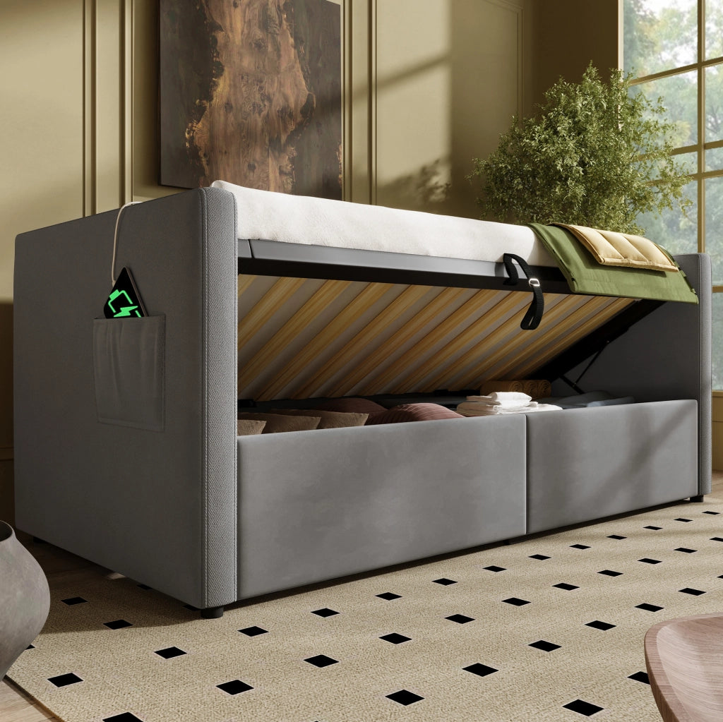 Divano letto con vano contenitore, ricarica USB e Type-C, 90x200 cm, grigio