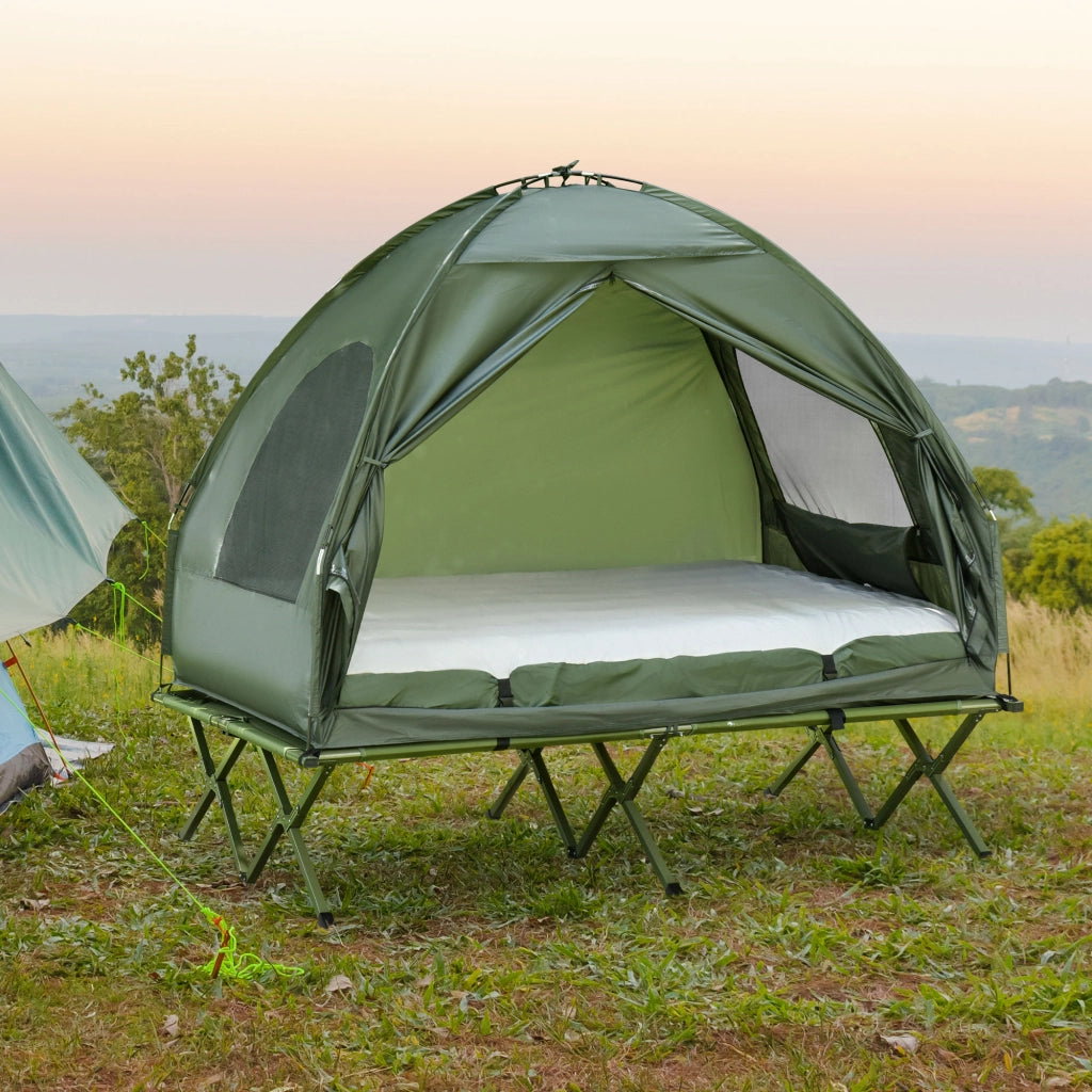 Letto da Campeggio Pieghevole 4 in 1 con Tenda - Xylo - Materasso Gonfiabile Tessuto Oxford Acciaio 193x145x180 cm Verde