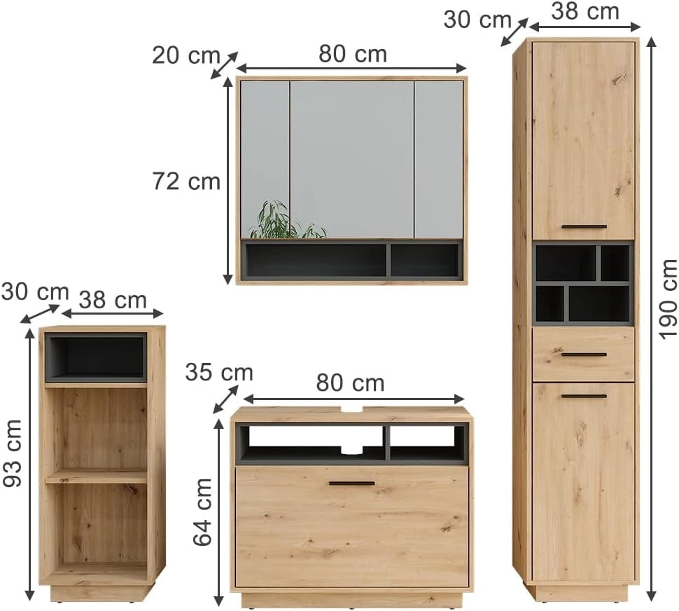 Set di mobili da bagno Beatrice, Rovere artigianale/antracite, 80 cm, composto da mobile lavabo, pensile a specchio, colonna e base media