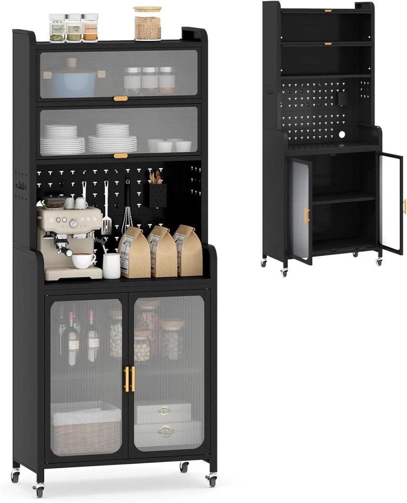 Credenza da cucina a 6 livelli, armadio a buffet con pannello di perforazione, ante apribili e ripiano regolabile, mobile in metallo con 4 ruote estraibili