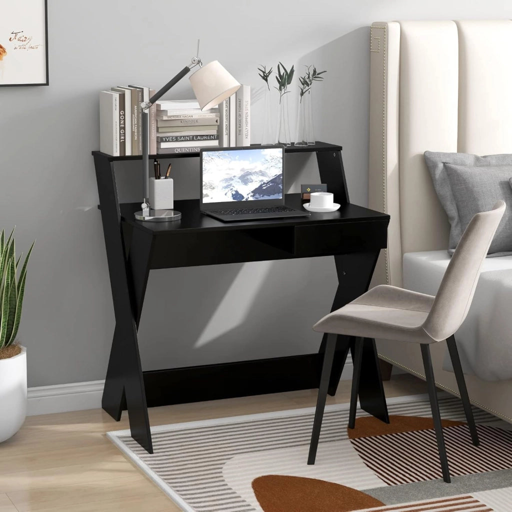 Scrivania per Computer in Legno, Scrivania con Cassetto, Portaoggetti e Supporto per Monitor, Poggiapiedi e Gambe a Forma di X, Ideale per Ufficio e Casa (Black)