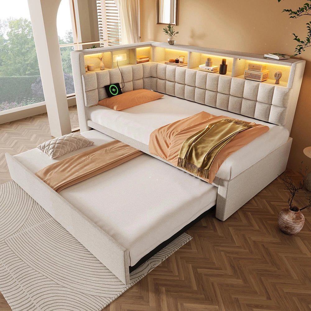 Letto imbottito-Xylo-90x200cm+90x190 LED Bluetooth USB-C testiera L lino beige senza materasso