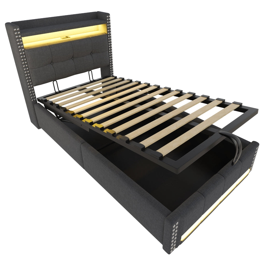 Letto imbottito singolo 90x200 cm con LED; USB e contenitore idraulico; grigio