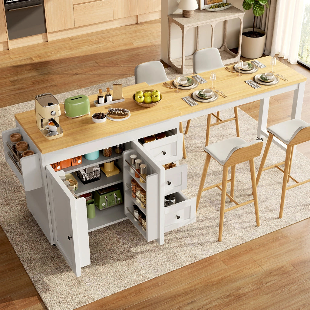 ISOLA CUCINA ESTENSIBILE 116-179,5 cm CON 3 CASSETTI BIANCA SU RUOTE