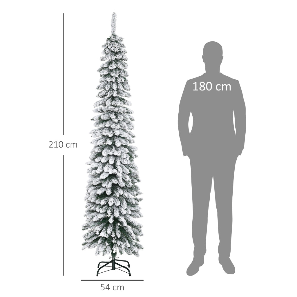 Albero di Natale artificiale, innevato, design sottile, ignifugo, 210 cm, verde/bianco
