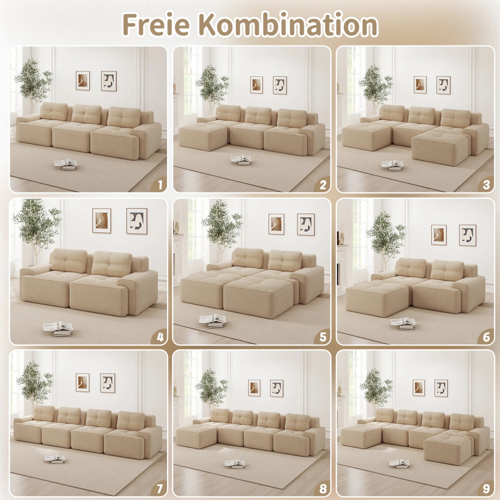Divano modulare a 4 posti con seduta profonda 74 cm in velluto a coste beige