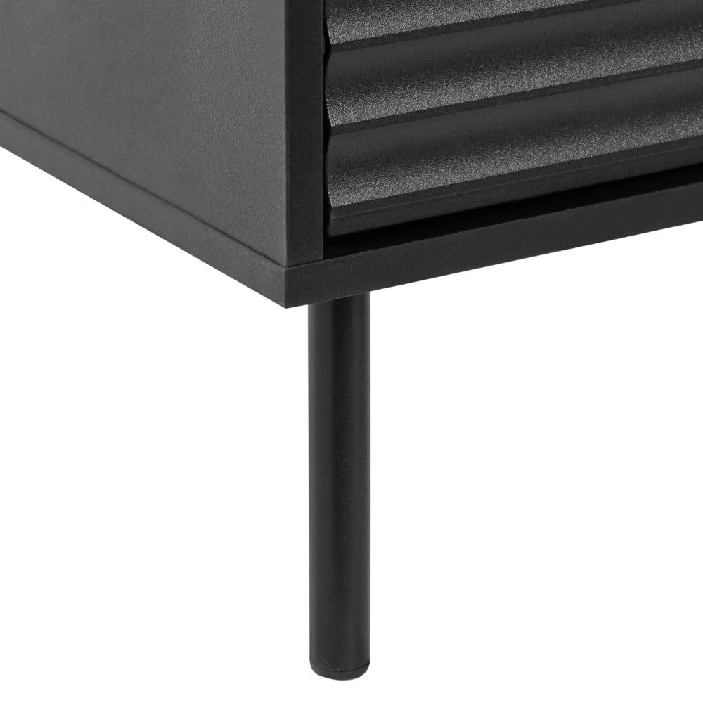 Comodino a 2 cassetti in truciolato nero con gambe in metallo mobile contenitore moderno design scanalato camera da letto