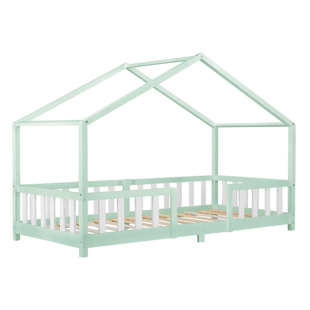 Letto per Cameretta Treviolo a Forma di Casetta in Stile Montessori 90x200 cm Menta Verde/Bianco [en.casa]