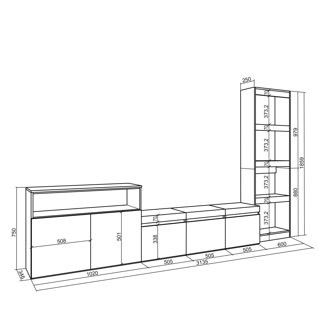 Mobile TV, Soggiorno, 310x35x186cm, Per TV fino a 65", Set di mobili, grigio cemento RF3165