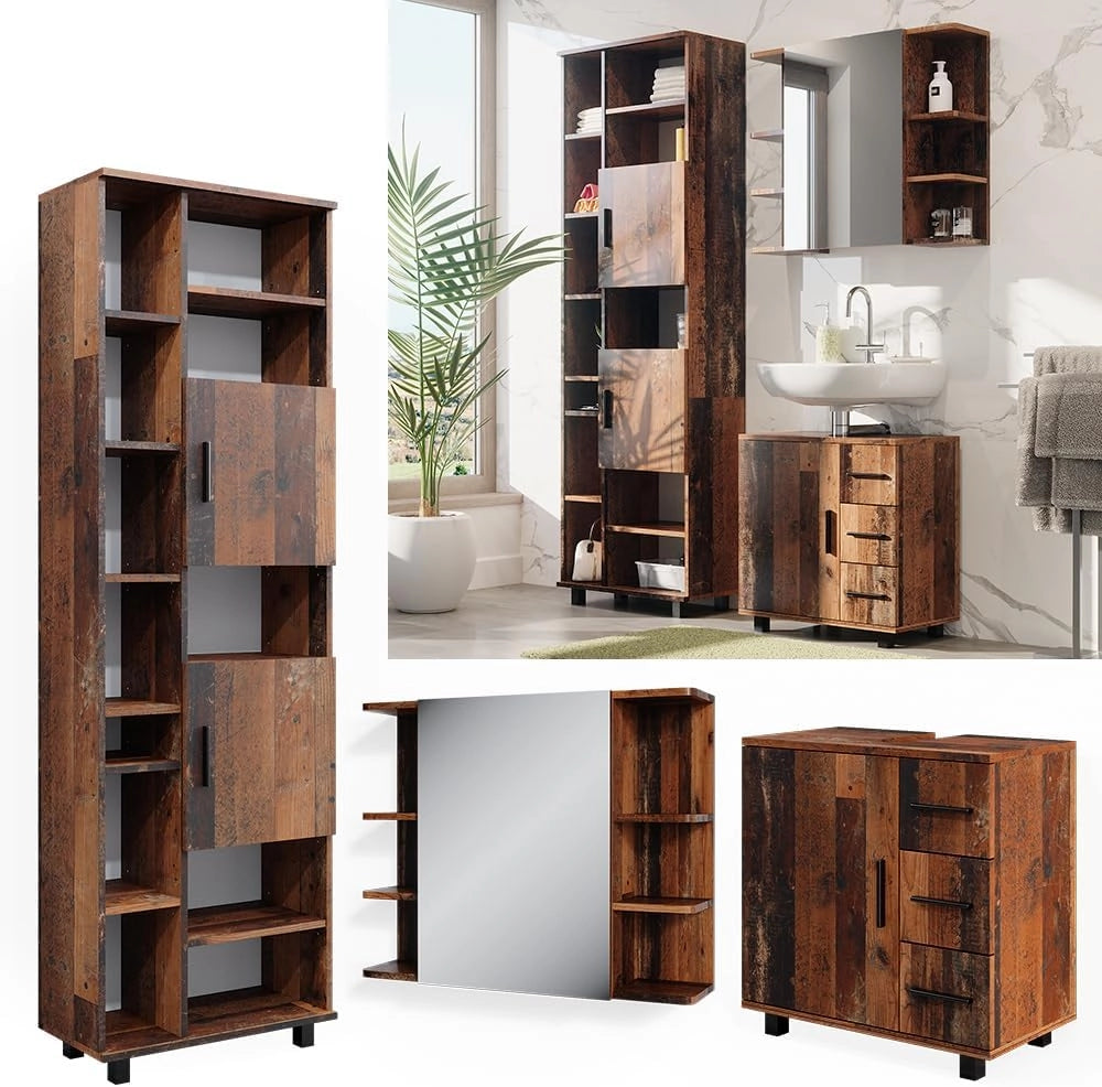 Set di mobili da bagno Ilias, Rovere rustico, 60 cm, composto da mobile sottolavabo, specchiera e colonna alta