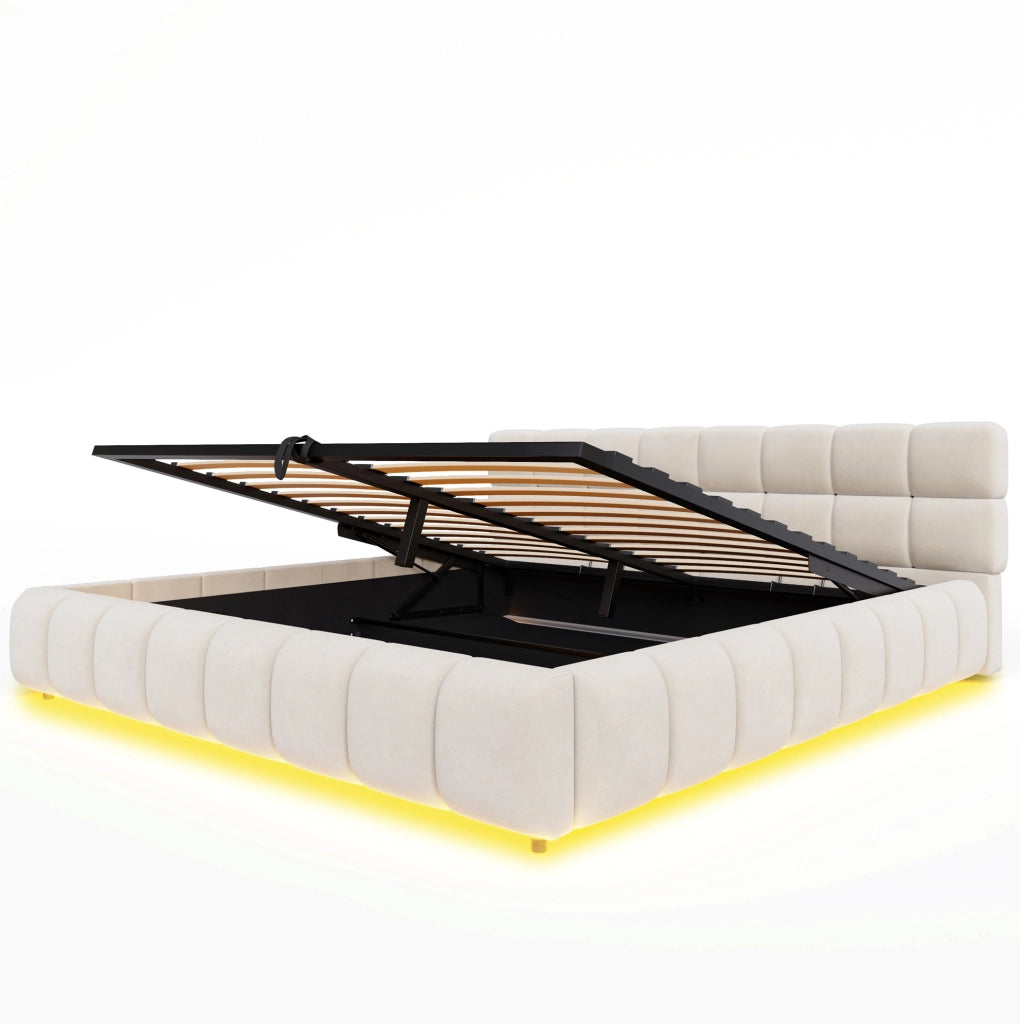 Letto imbottito 180x200 cm in velluto beige con LED e contenitore idraulico