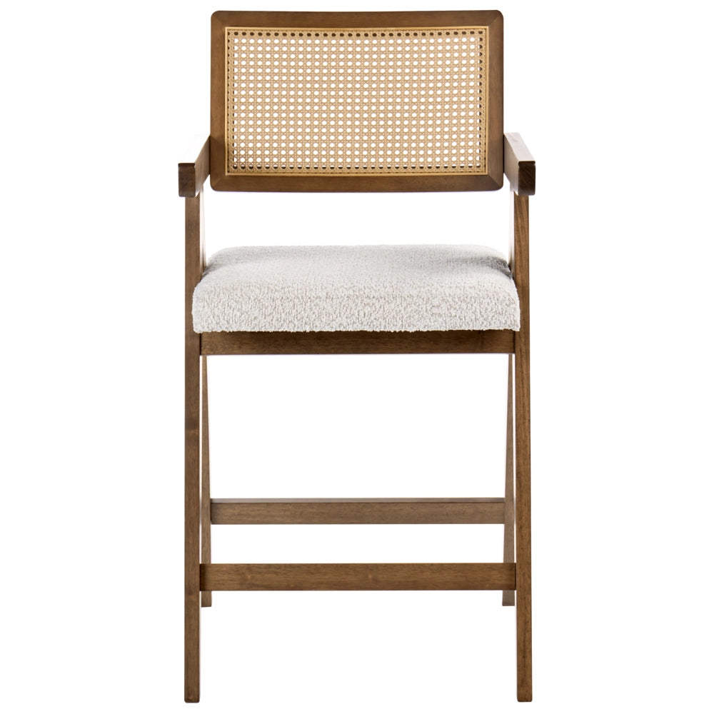 Set di 2 sedie da bar marrone e beige chiaro con struttura in legno di caucciù e sedile in bouclè Cucina da pranzo retrò